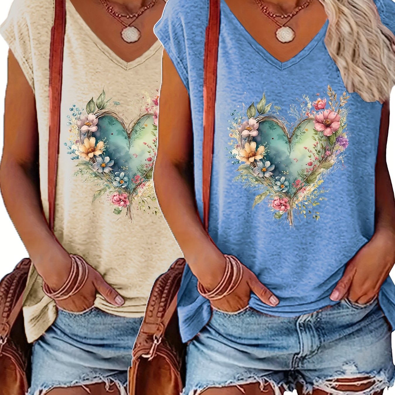 Women's V-Neck T-Shirts 2-Pack Short Sleeve Floral Heart Beige Blue