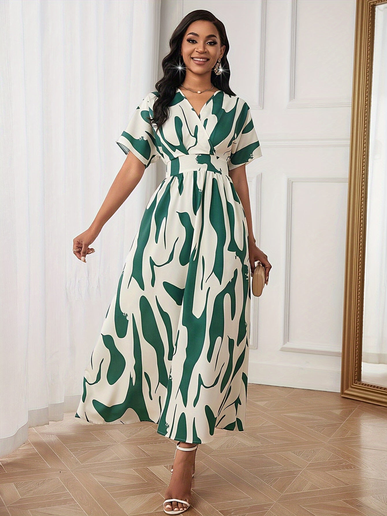 Vestido de línea A con cintura ajustada en bloques de color y escote en V de manga corta para verano