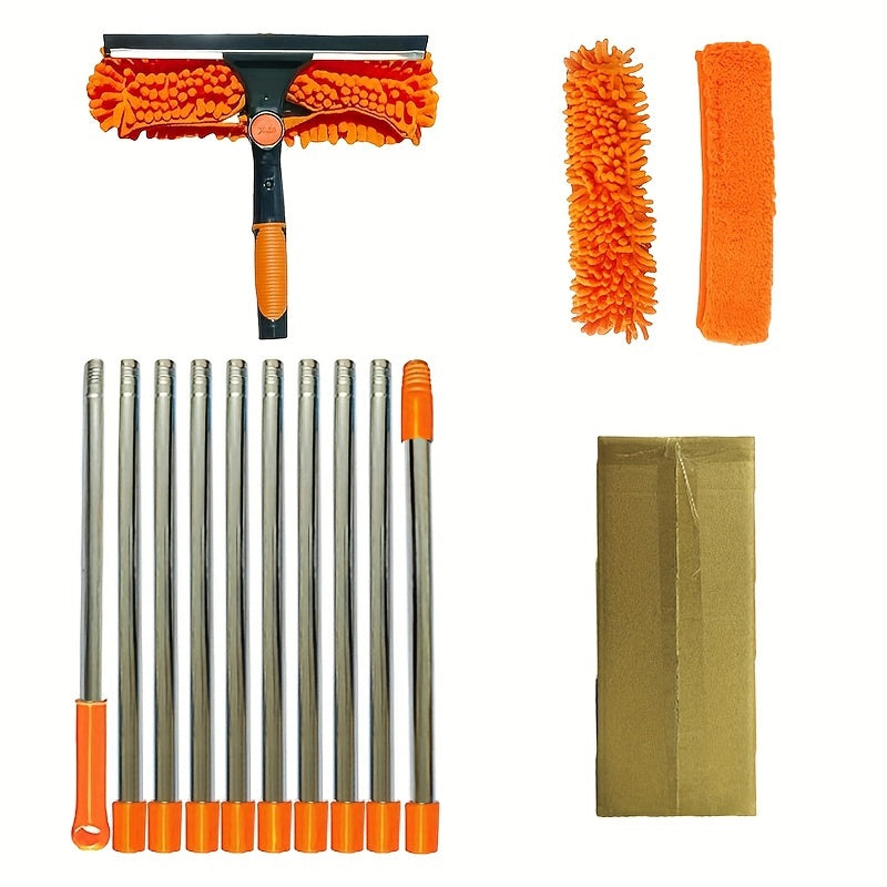 2-in-1 Window Cleaning Kit Telescopic Handle Microfiber Squeegee Orange