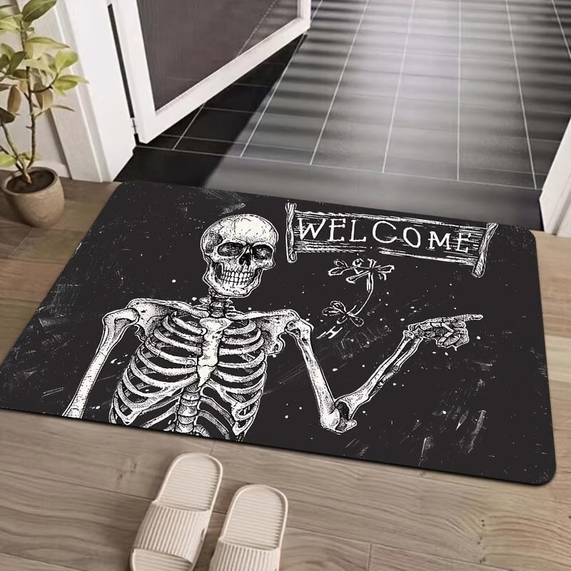 Skeleton Welcome Doormat Indoor Polyester Flannel Rectangle Entryway Mat