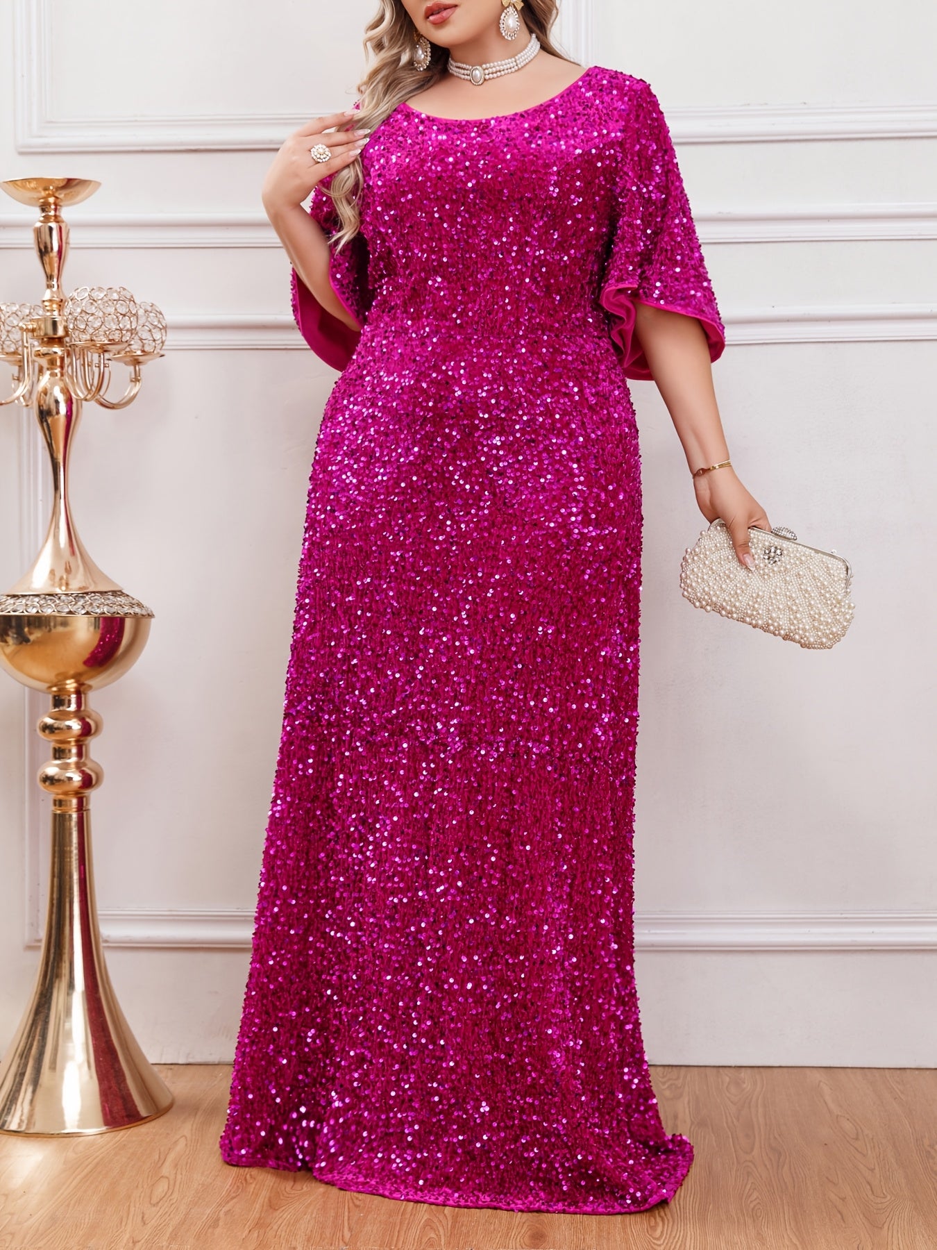 Plus Size Sequin Maxi Dress with Ruffle Sleeves for Weddings and Formal Events