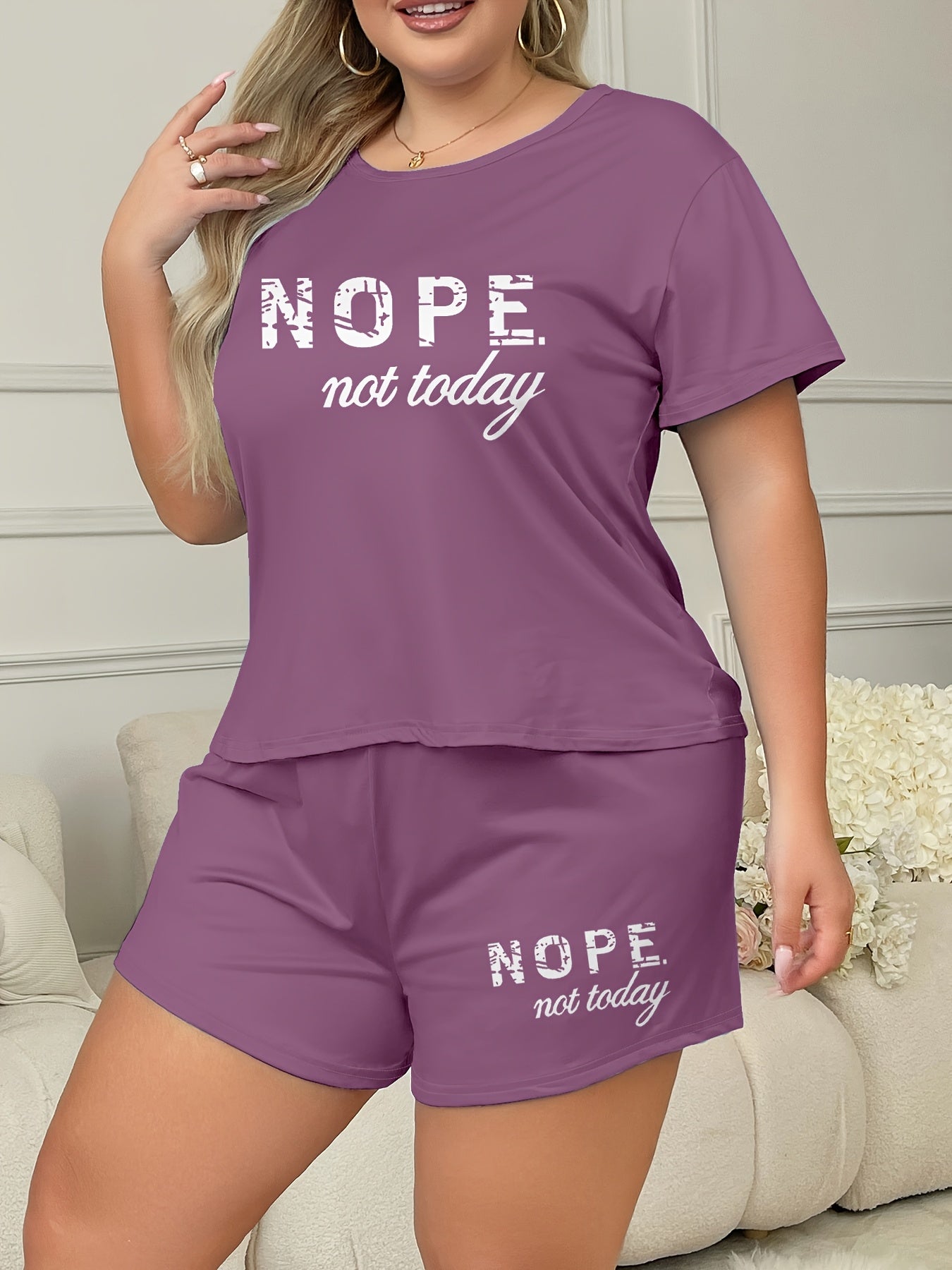 Plus Size Women's Loungewear Set Casual Slogan Print Short Sleeve Top and Elastic Shorts