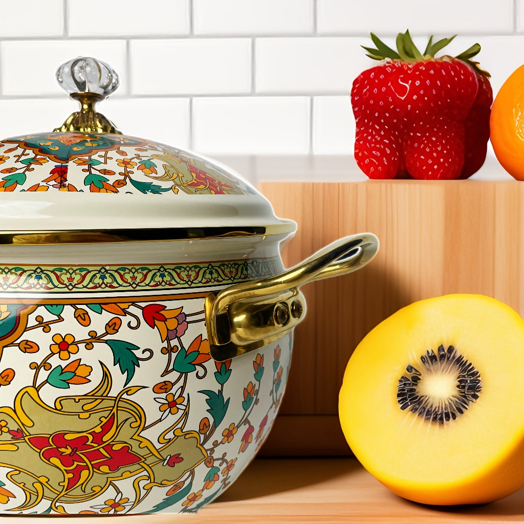 Katta sig'imli emal qoplamali qozon, qopqoq bilan, qalin tuzilishga ega va retro uslubda. Ushbu ikki tutqichli qaynatish va sho'rva qozoni ko'p qirrali pishirish uchun mukammal bo'lib, gaz va induksion plitalar uchun mos keladi.