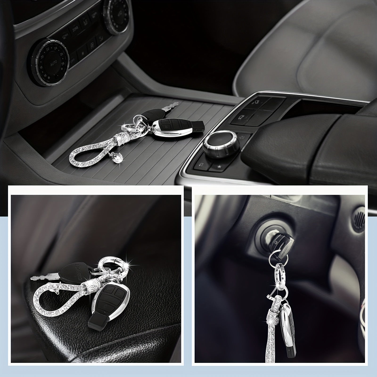 Crystal Bling Car Keychain for Women, Rhinestone Ring and Strap Accessory
