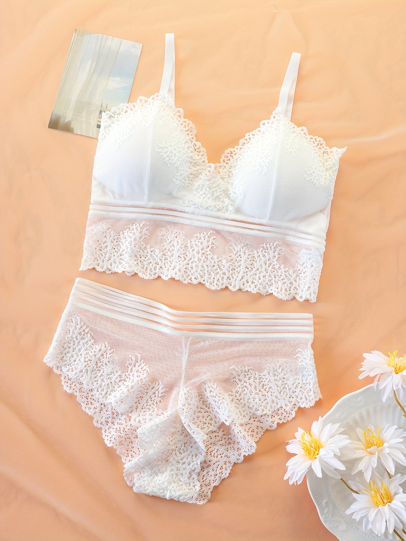 Women's Lace Push Up Bra and Mesh Panties Set with 3 Pieces