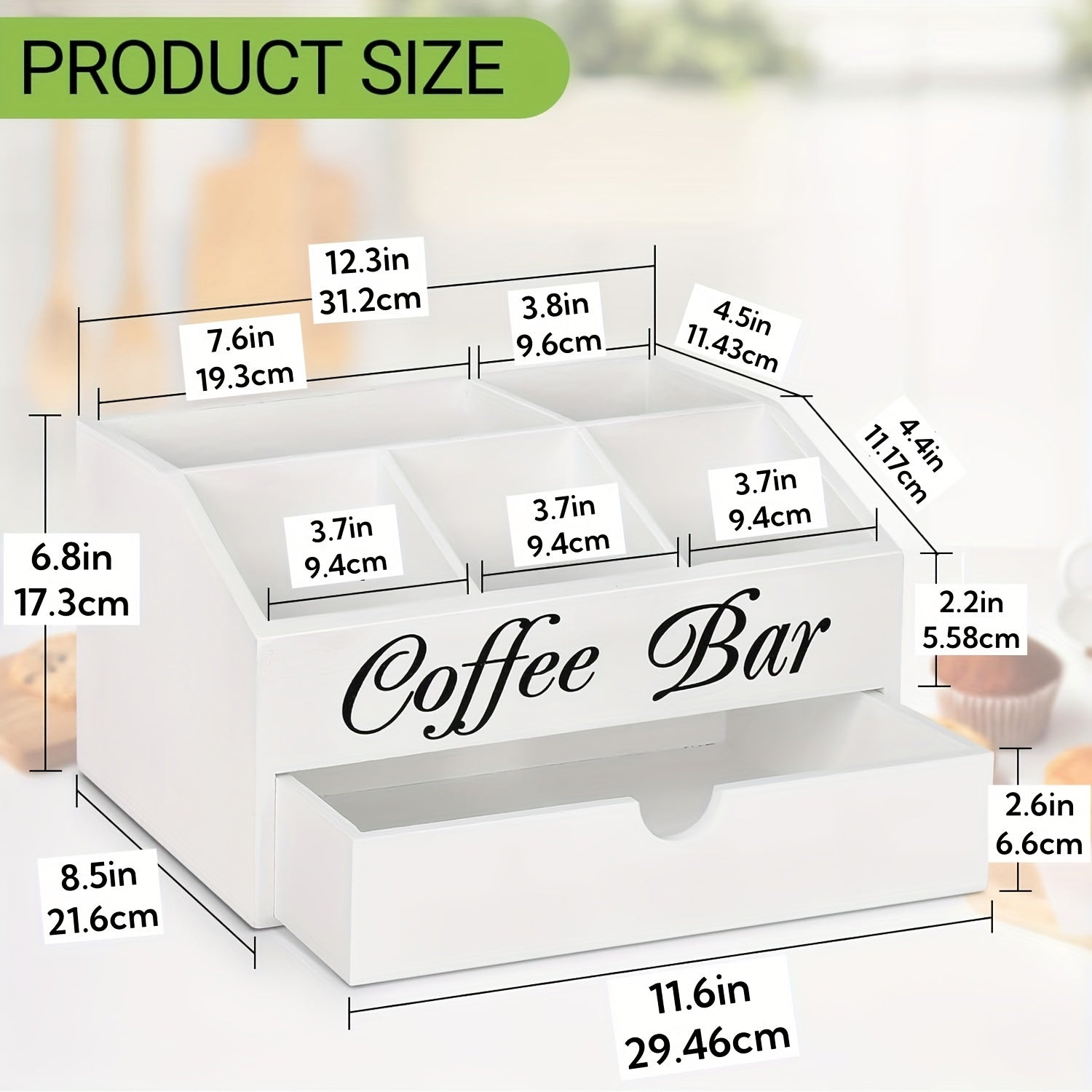 Organizador de barra de café de madera con cajón para tazas, cápsulas y accesorios, almacenamiento de cocina