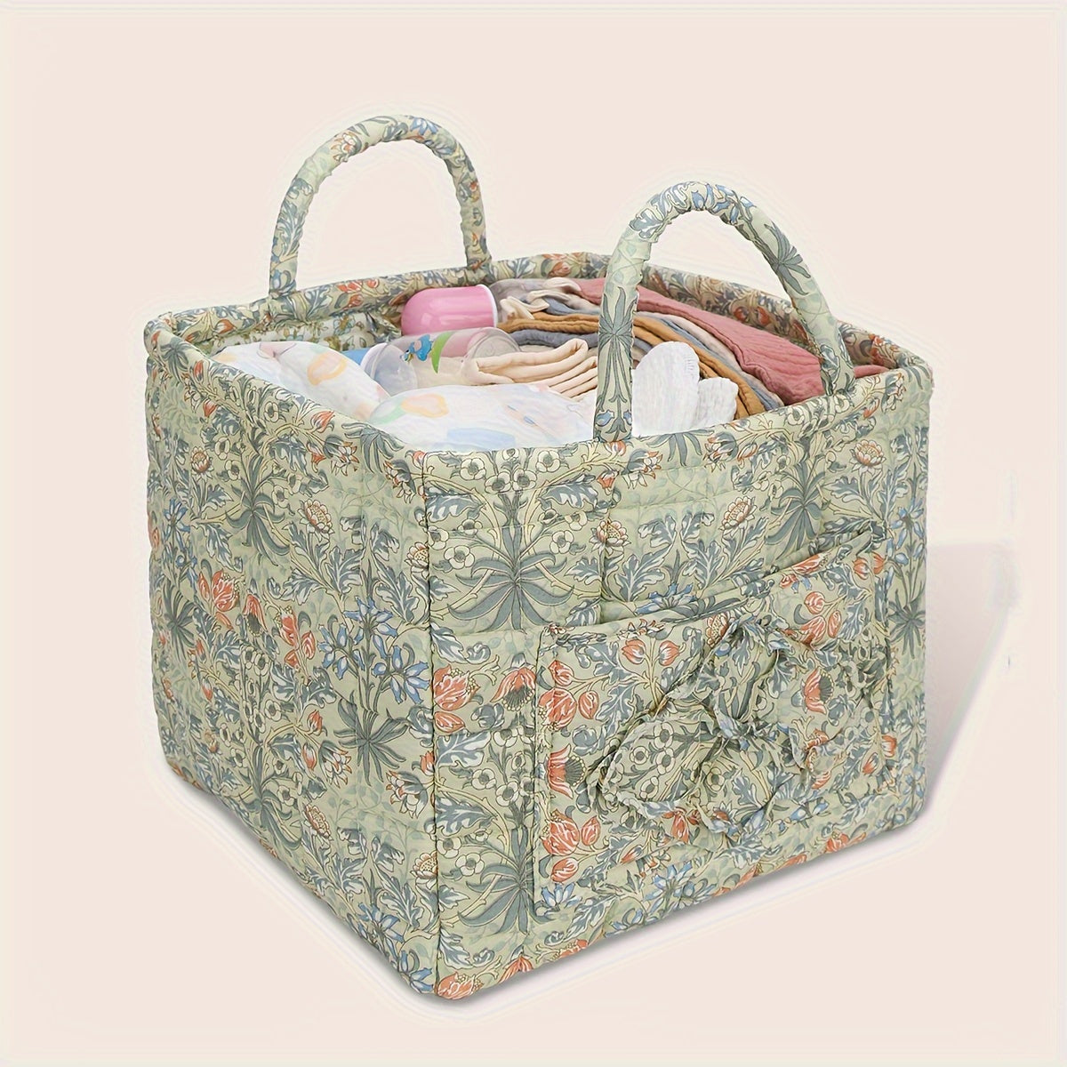 Rustic Quilted Floral Storage Basket for Baby Diapers and Toys
