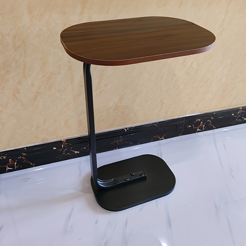 Hardwood Sofa End Table with Metal Base C-Shaped TV Tray for Living Room Bedroom