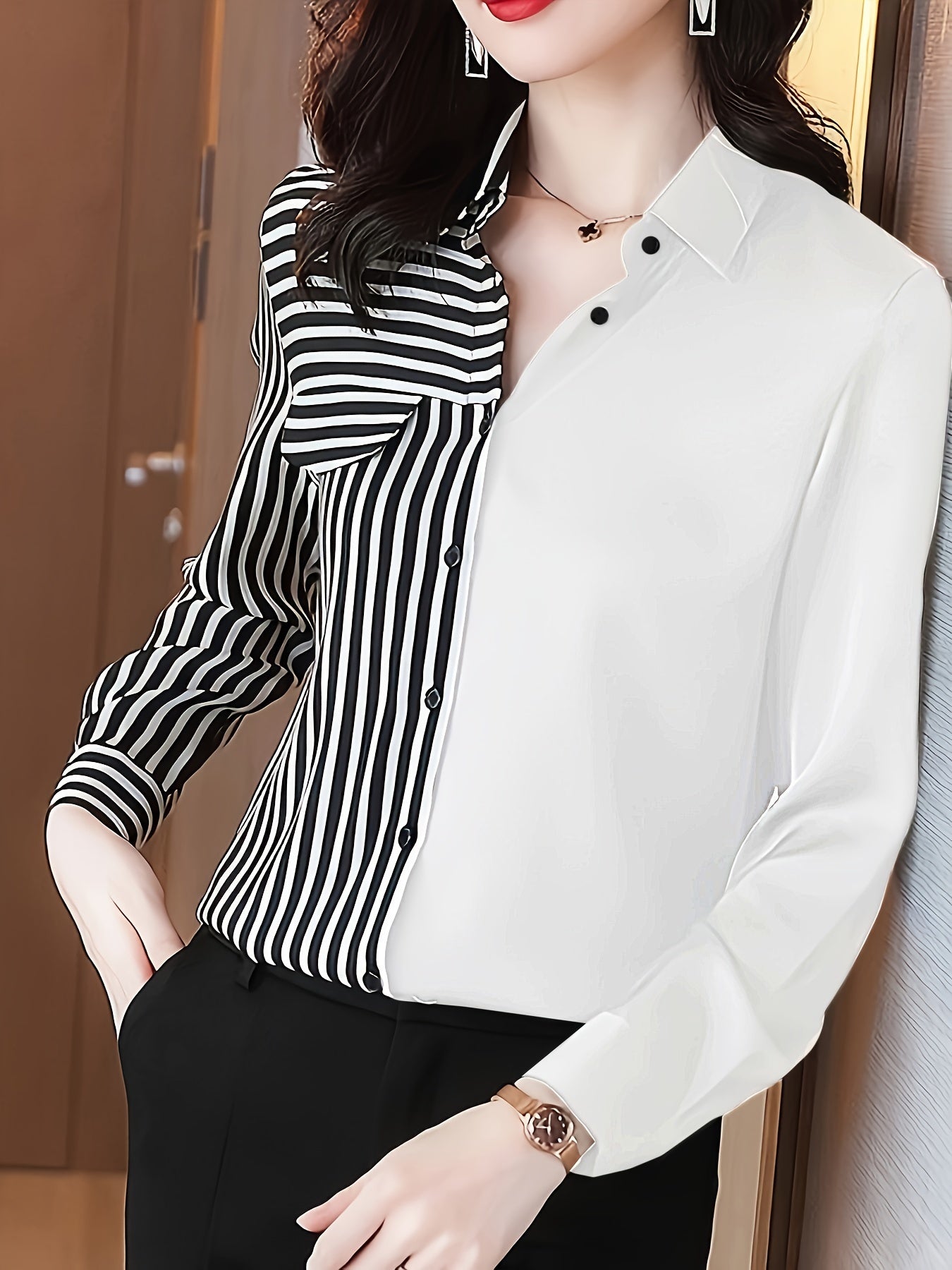 Women's Polyester Color Block Shirt with Stripe Print and Button Front for Spring and Fall