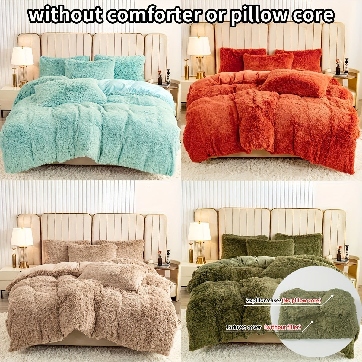 Faux Fur Velvet Duvet Cover Set 3 Pieces Solid Color Soft Warm Bedding
