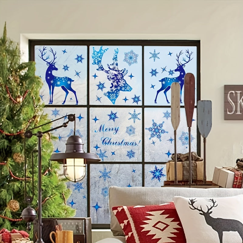 Christmas Window Decorations Set 5 Pieces Blue Snowflake and Deer Stickers Removable