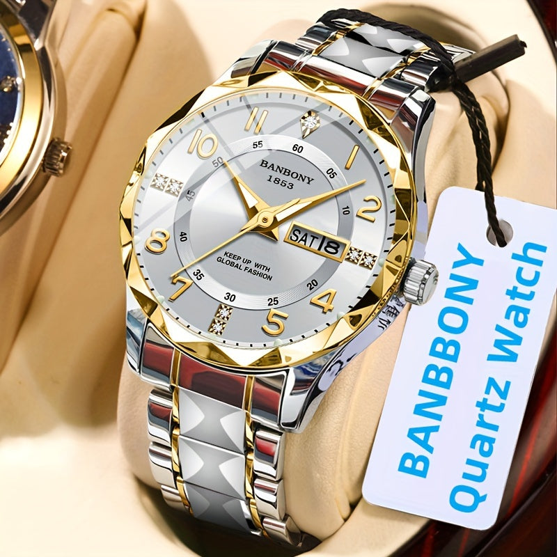 Men's Stainless Steel Quartz Watch with Roman Numeral Dial and Date Calendar