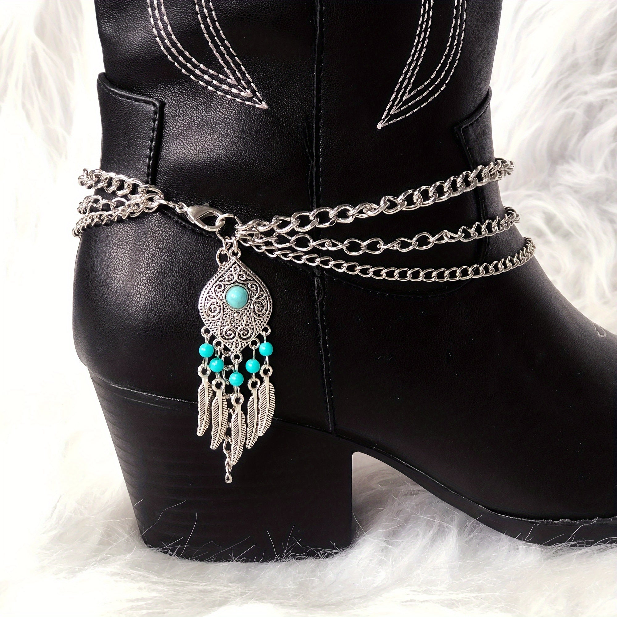 Women Western Boot Chain with Turquoise Beads and Tassel Pendant