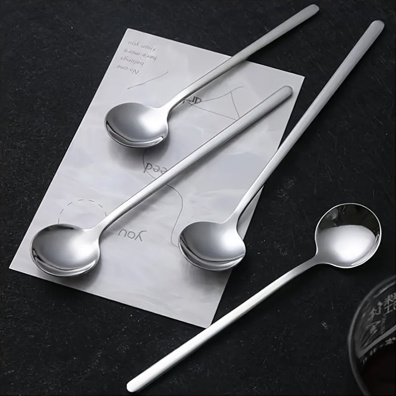 Set of 4 Silver Stainless Steel Coffee Spoons with Long Handles