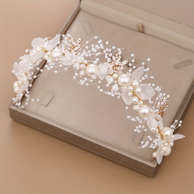 Golden Leaf Faux Pearl Bridal Headband Wedding Hair Accessory