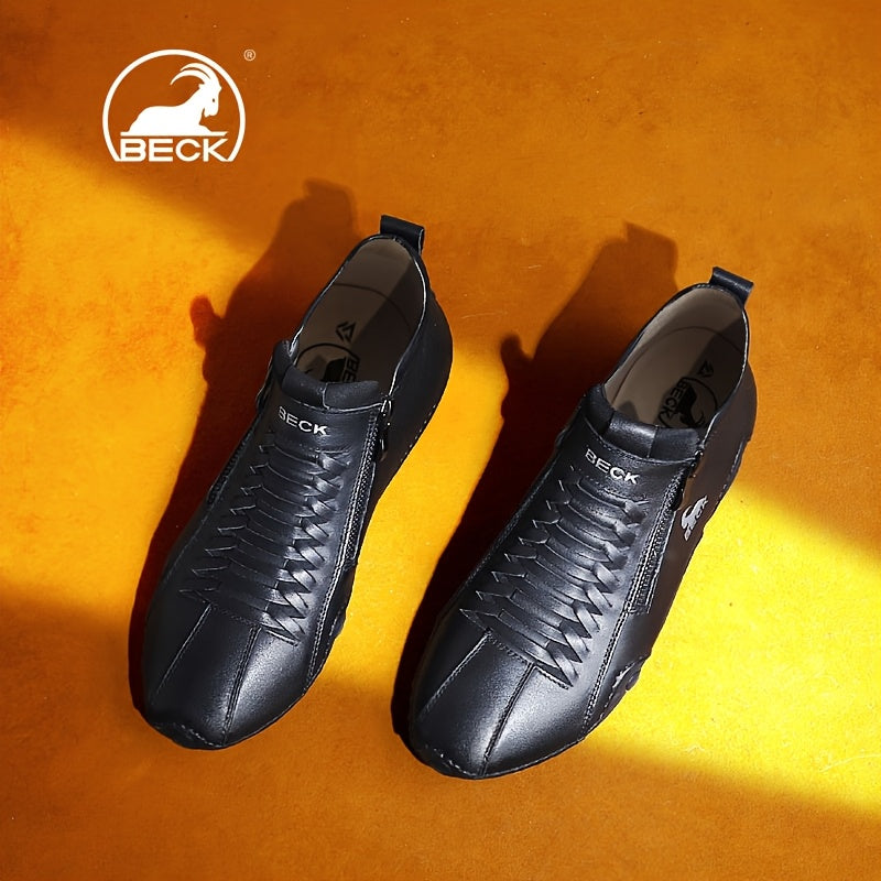 Men's Casual Leather Shoes with Non-Slip Rubber Sole and Zipper Closure