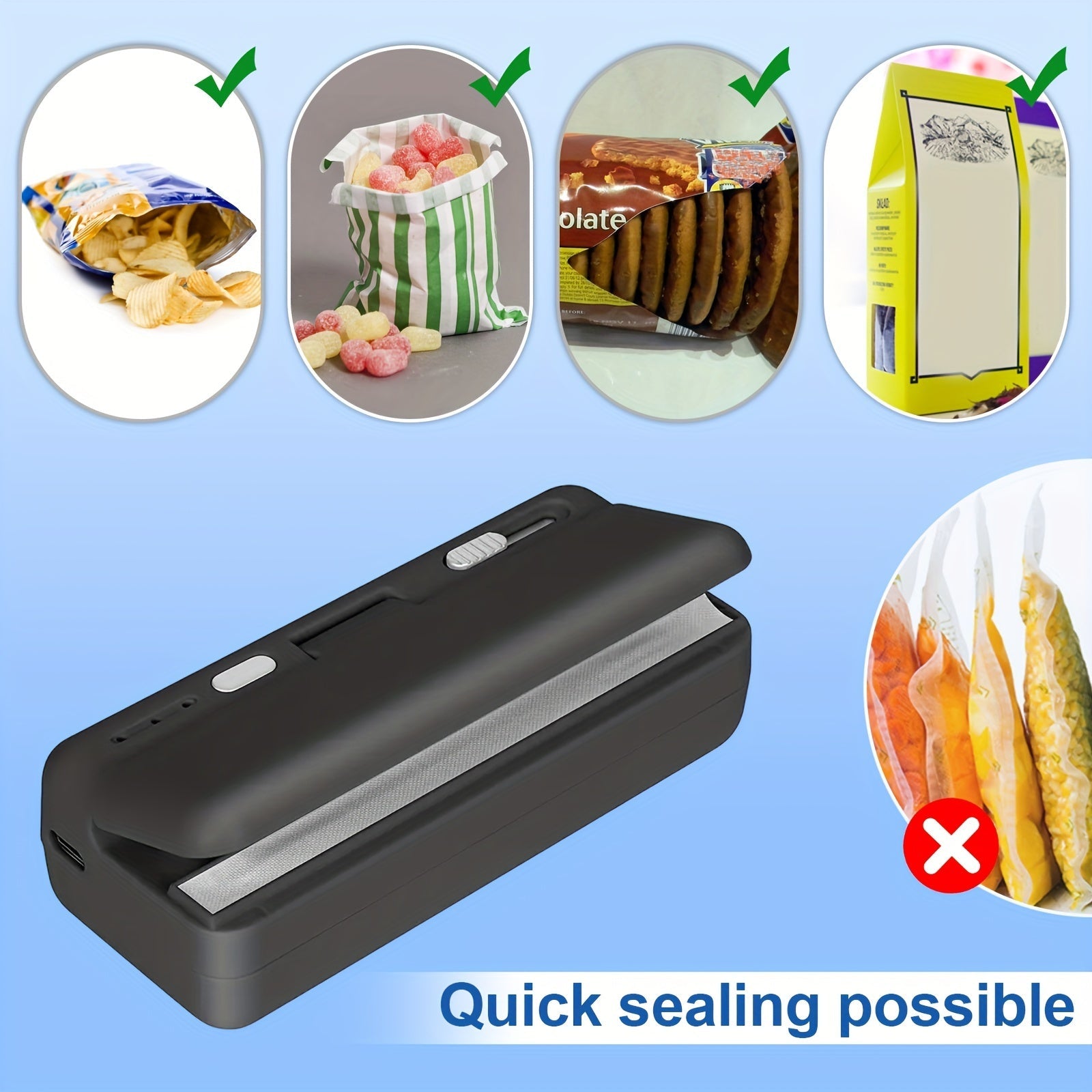 Food Sealer with Built-in Cutter USB Rechargeable Adjustable Heat Settings Magnetic Strip for Kitchen Organization