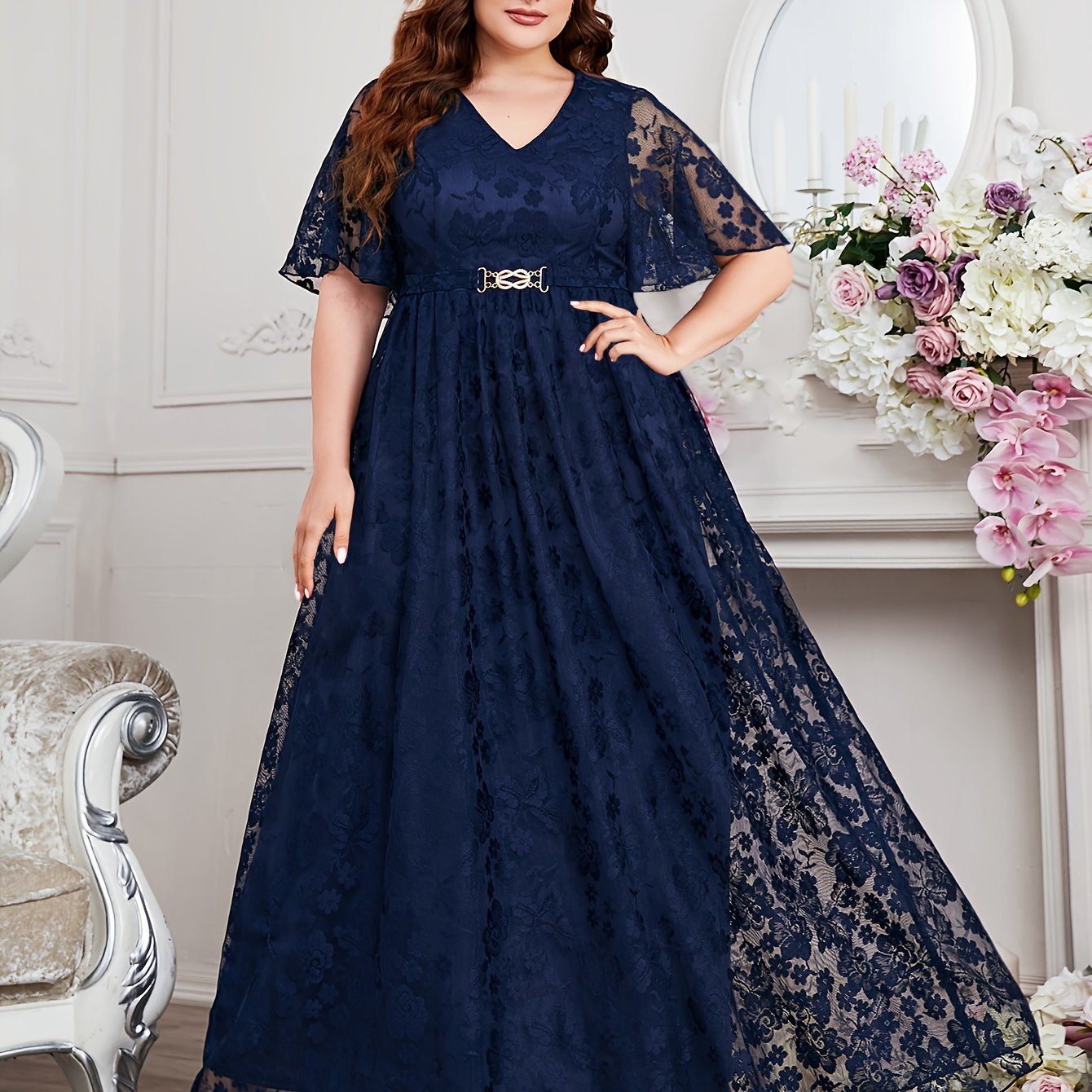 Plus Size Women's V-Neck Lace Dress with Waist Belt for Formal Weddings Black