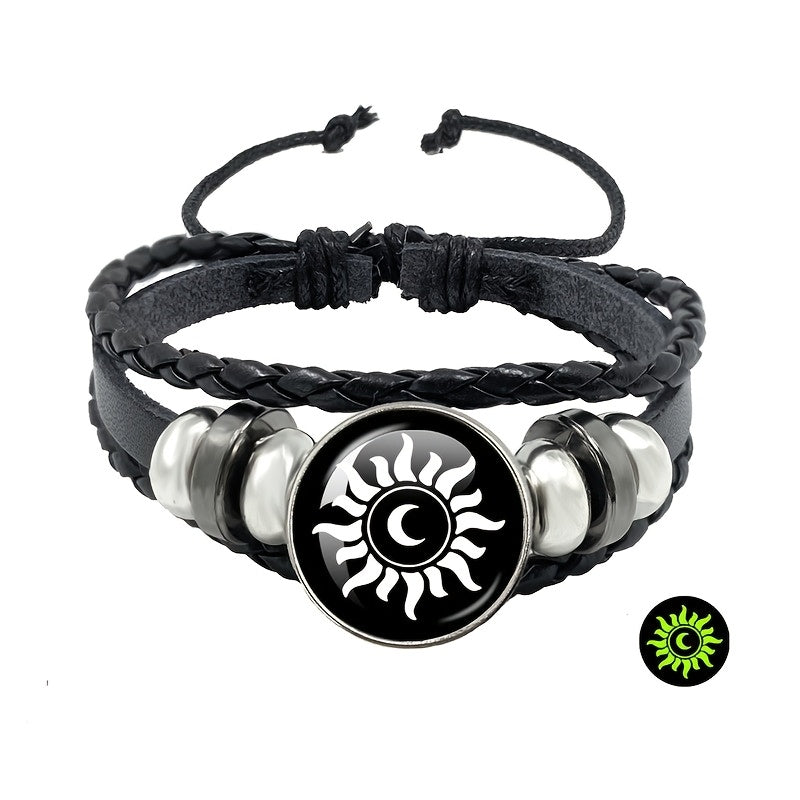 2 ta qorong'uda porlaydigan Quyosh va Oy charm bilaguzuklar to'plami, sun'iy charm ipdan tayyorlangan, juftliklar, erkaklar va ayollar uchun mukammal. Qiz do'stingiz yoki partiya uchun ideal sovg'a.