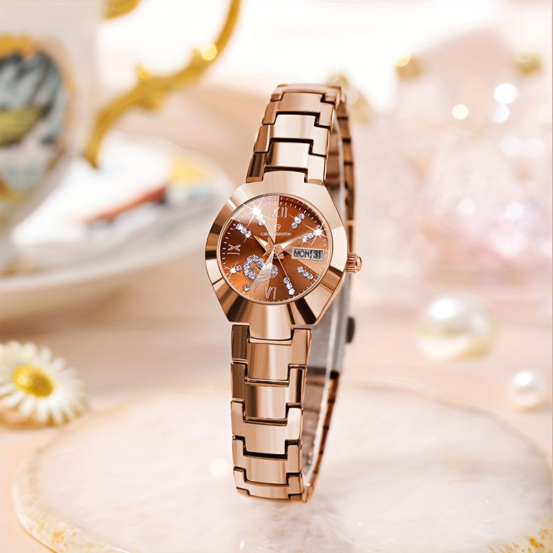 Women’s Heart Quartz Watch with Rhinestones Luminous Dial and Date Function