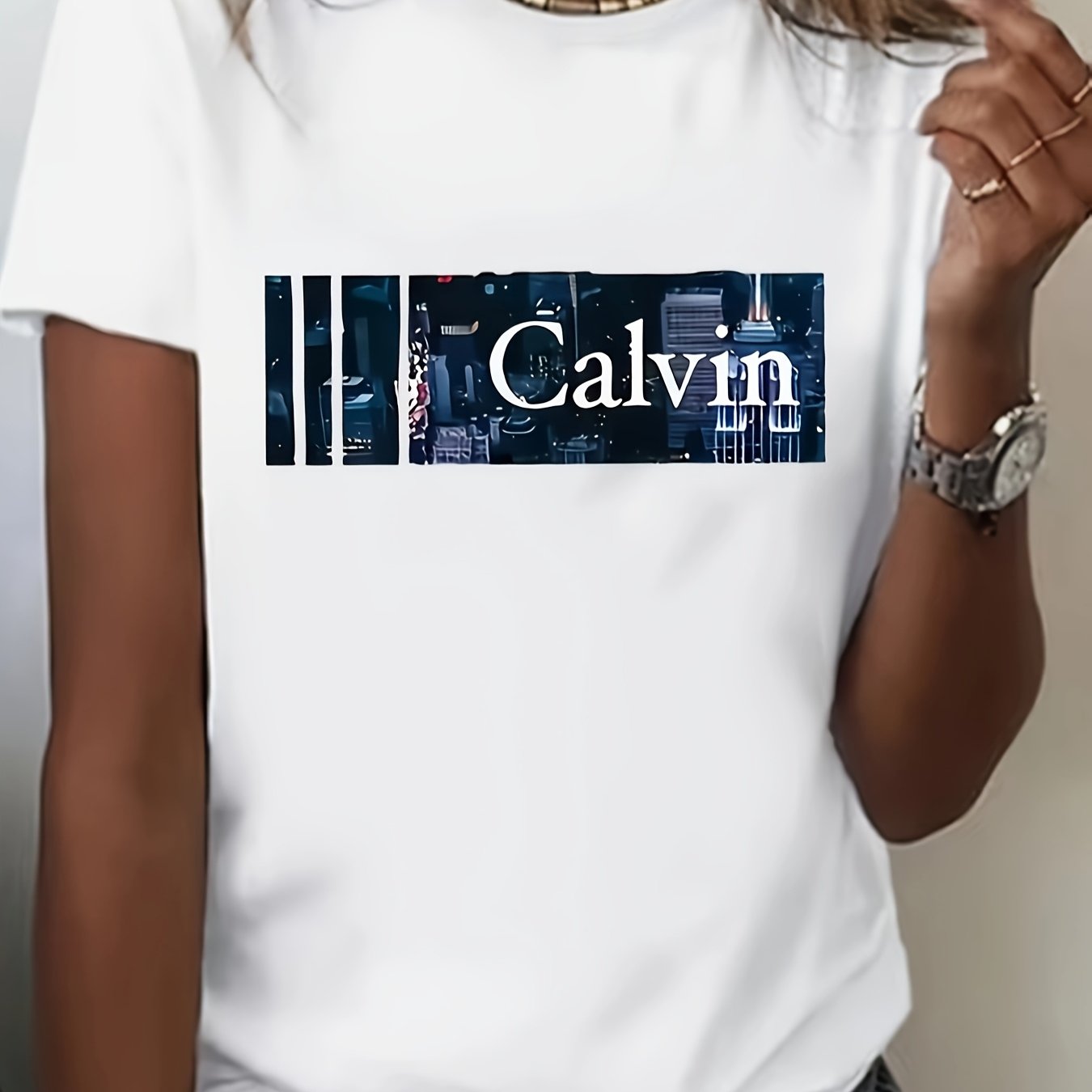 Plus Size Women's White Casual T-Shirt With Graphic Print