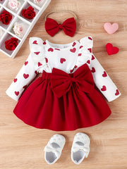 Baby Girl Valentine's Day Dress with Lace Big Bow Love Print and Headwear