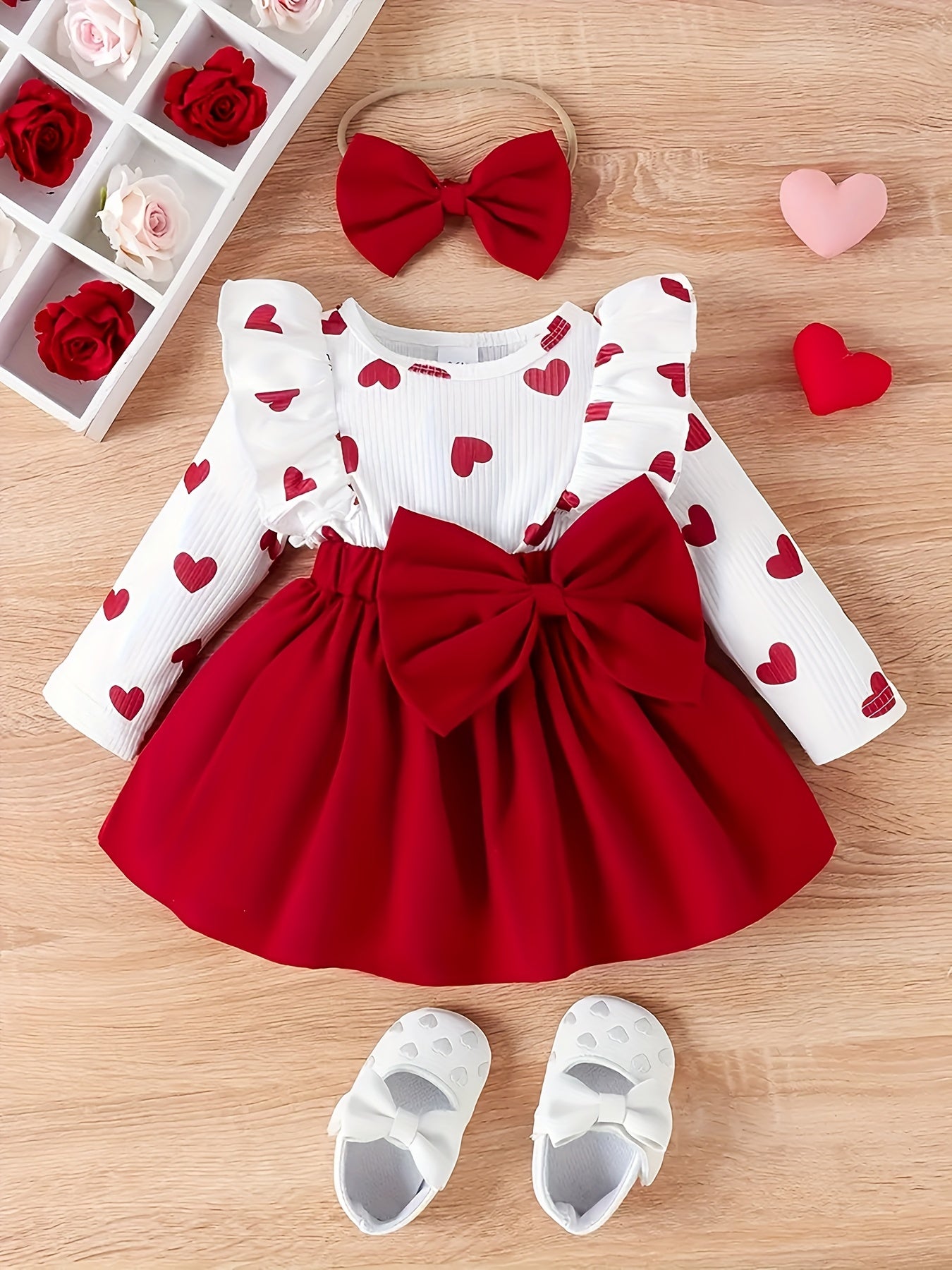 Baby Girl Valentine's Day Dress with Lace Big Bow Love Print and Headwear
