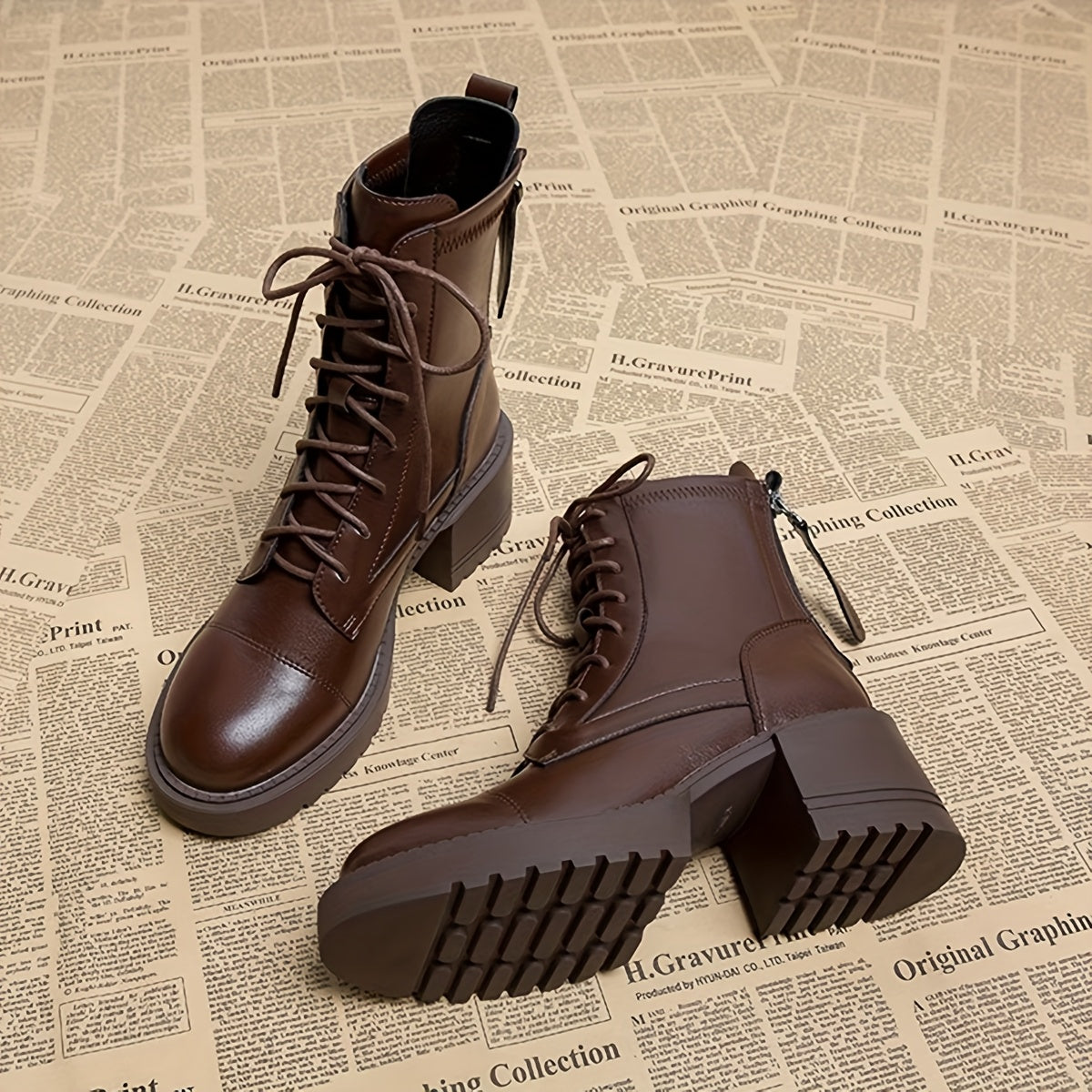 Women's Faux Leather High-Top Lace-Up Boots with Chunky Heels Brown