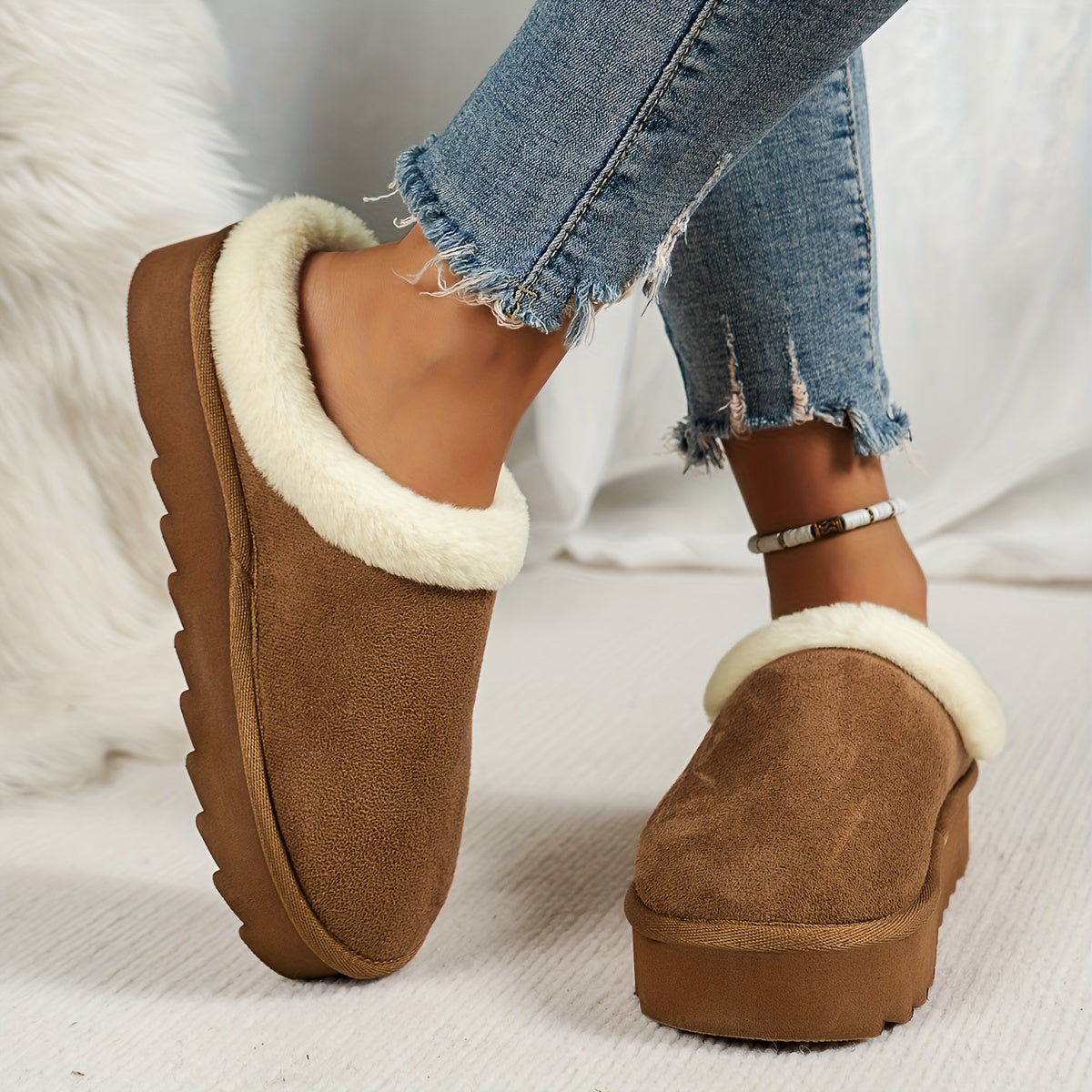 Women's Faux Fur Slip-On Slippers Indoor Outdoor Thick Sole