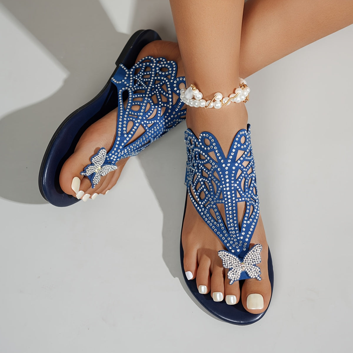 Women's Ethnic Style Butterfly Embellished Square-Pattern Slip-On Sandals with Cushioned Sole