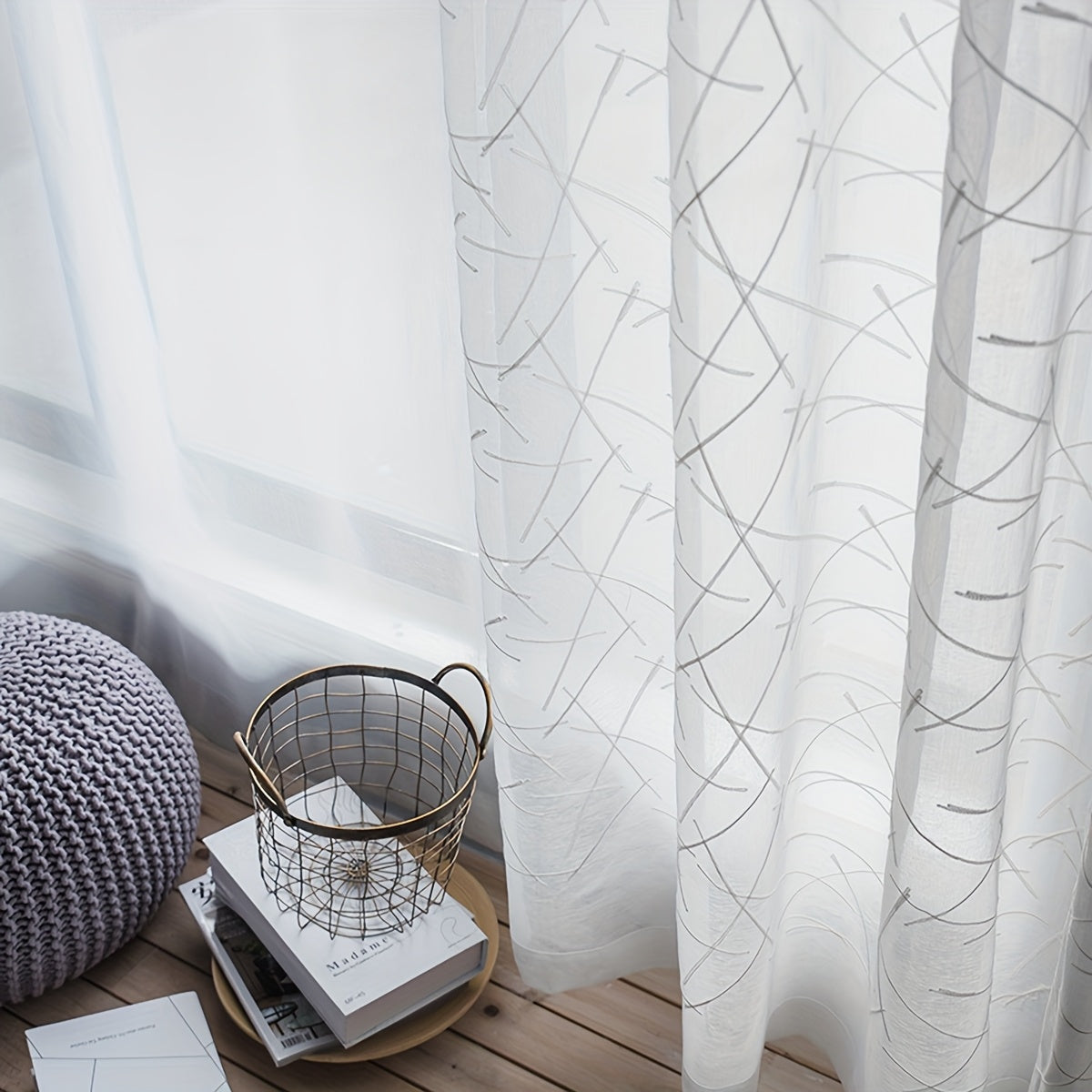White Sheer Curtain with Geometric Design for Living Room and Bedroom