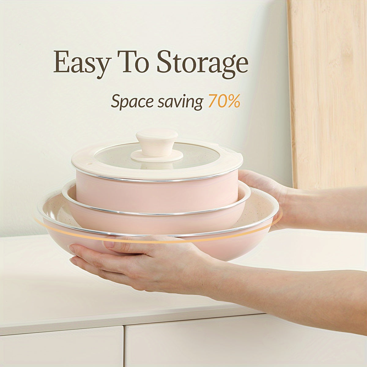 Yopishqoq emas pishirish to'plami - 5 dona, olib tashlanadigan tutqichlar bilan, pechda ishlatish uchun xavfsiz, qulay saqlash uchun yig'iladigan. Sayohat va uy oshxonalari uchun ideal.