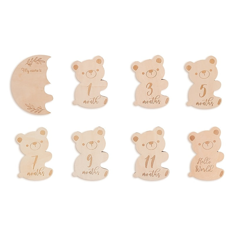 Baby Milestone Keepsake Wooden Teddy Bear Growth Record Card Set with Photo Props