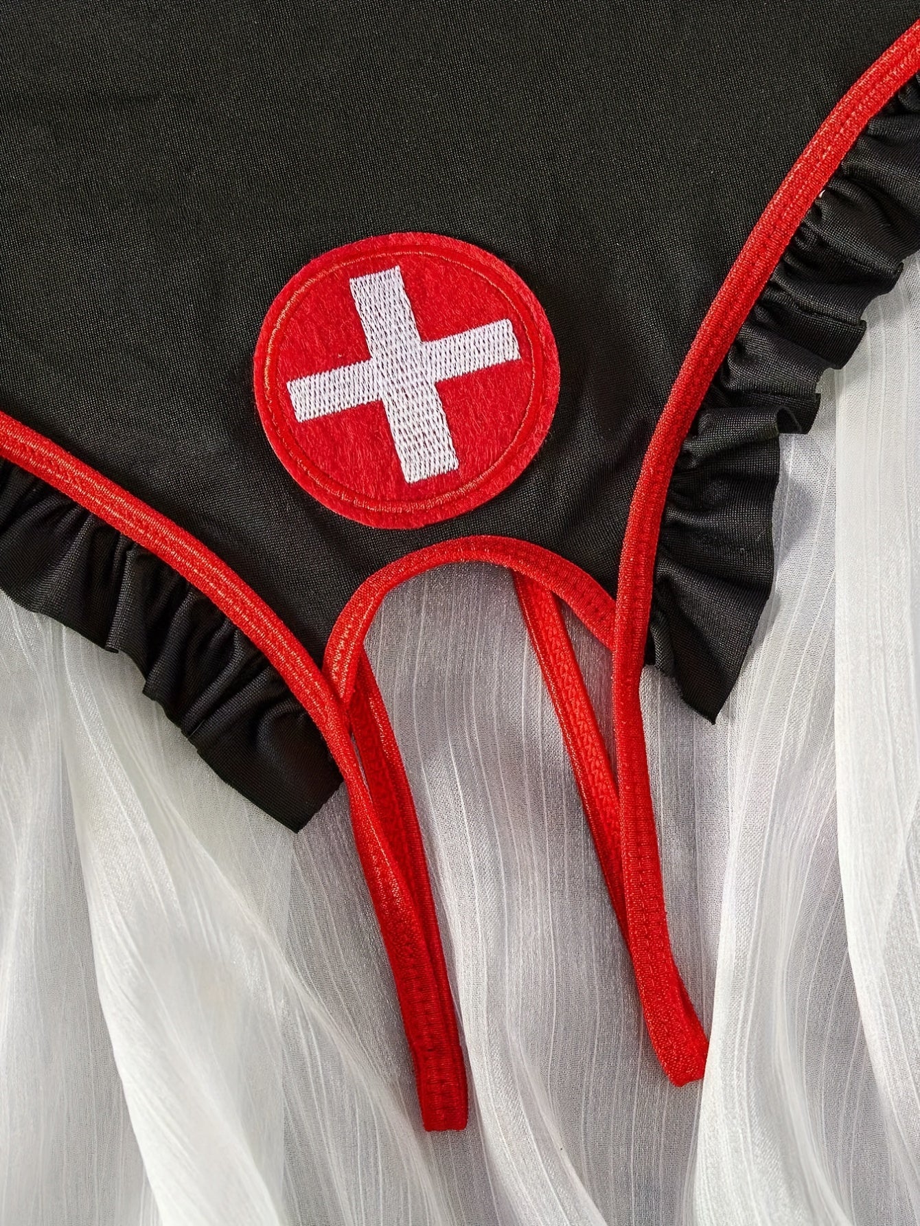 Women's Nurse Costume Set with Swiss Flag Emblem and Ruffled Spandex Lingerie