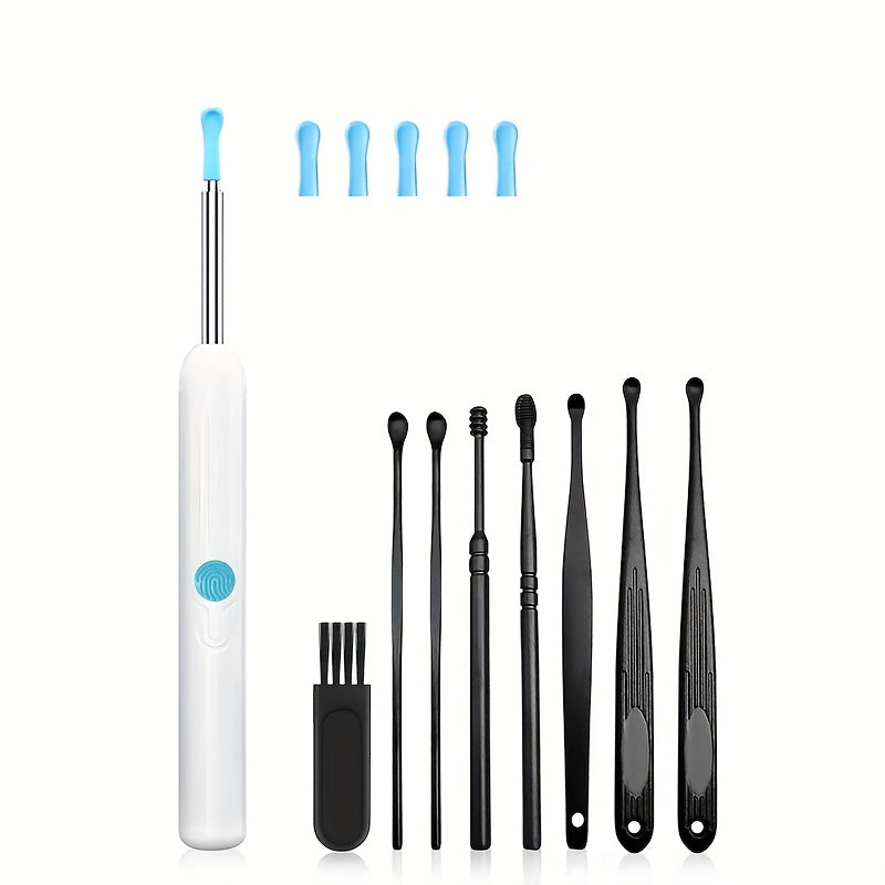 USB zaryadlash bilan qayta zaryadlanuvchi LED quloq mumini olib tashlash to'plami, vizual quloq tozalash vositasi, bir nechta ucliklar va tozalash cho'tkalari o'z ichiga oladi.