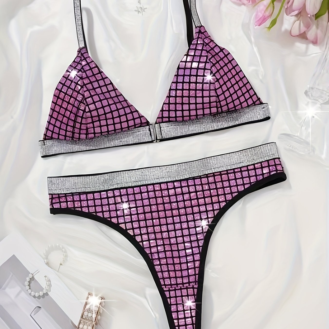 Women's Lingerie Sparkling Hot Bra Set in Gold and Blue Grid Pattern