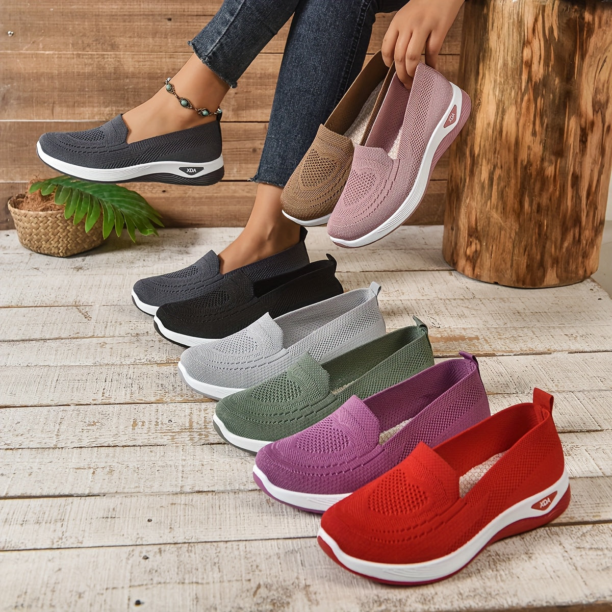 Women's Breathable Knit Slip-On Sneakers Lightweight Casual Shoes with Rubber Sole