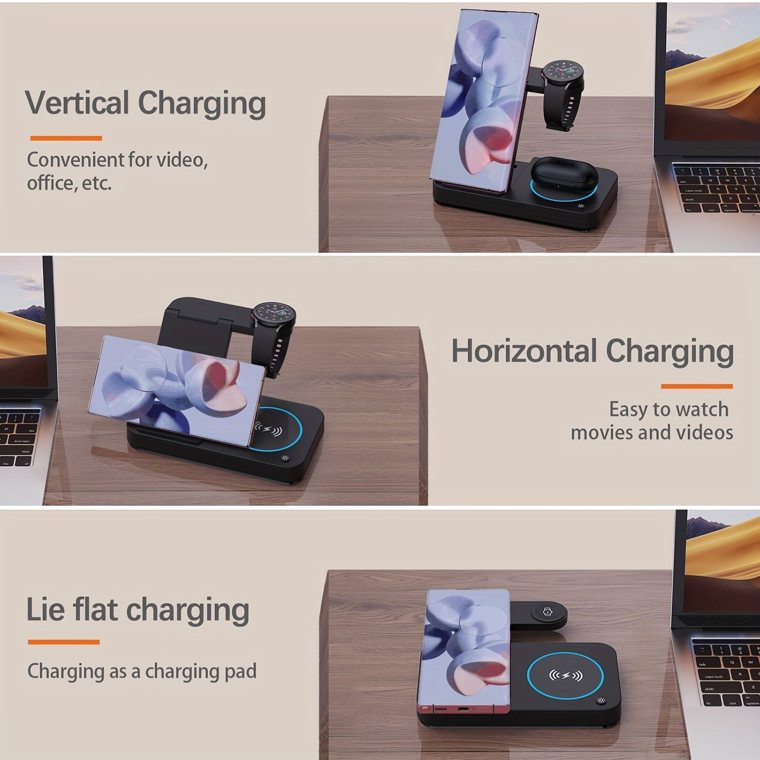 Samsung va Android qurilmalari uchun 4-in-1 simsiz zaryadlash stantsiyasi, LED kechki chiroq bilan