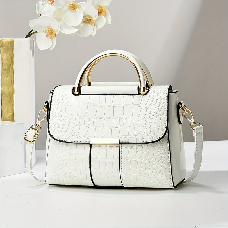 Стильная черная сумка через плечо с крокодиловым узором для женщин с магнитным замком и простым однотонным дизайном.