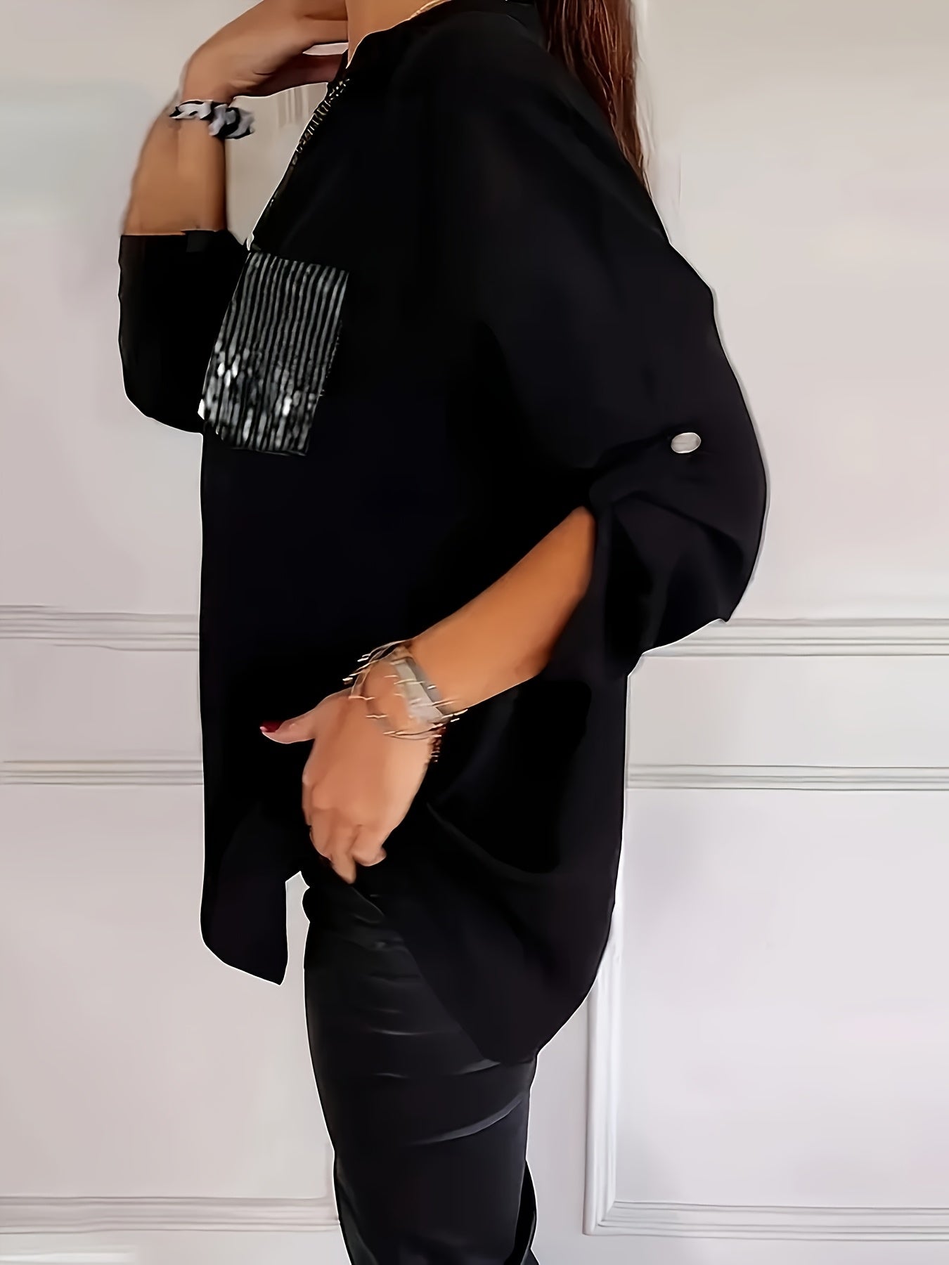 Women's V-Neck Blouse with Sequin Details Solid Color Long Sleeve Spring Fall