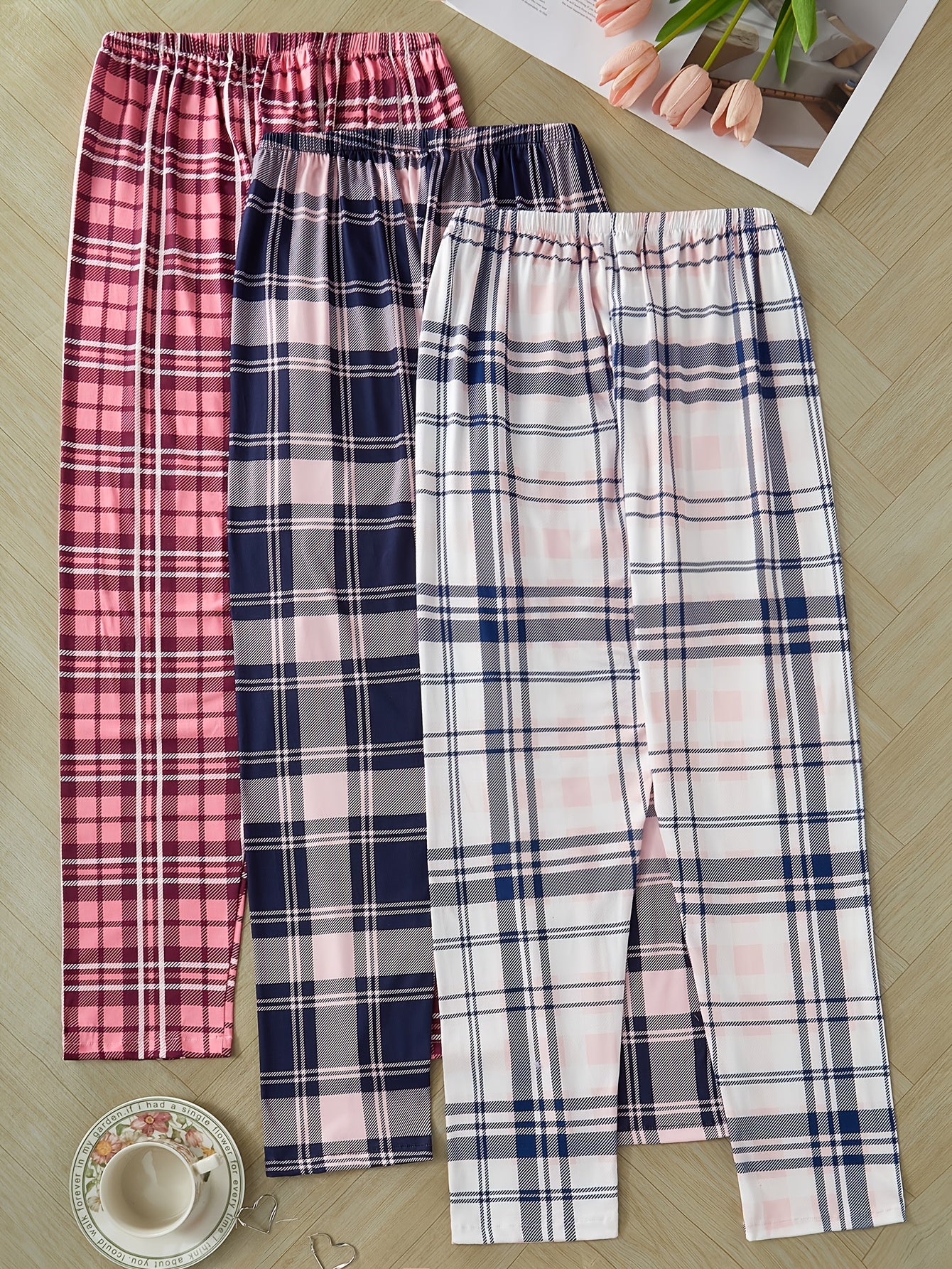 3-Pack Women's Plaid Sleep Pants Polyester Knit Casual All-Season