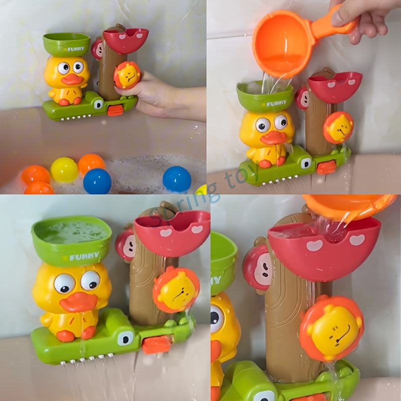 Colorful Cartoon Duck Bath Toy Set for Kids with Suction Cup Spraying and Rotating Features in Orange Green Yellow