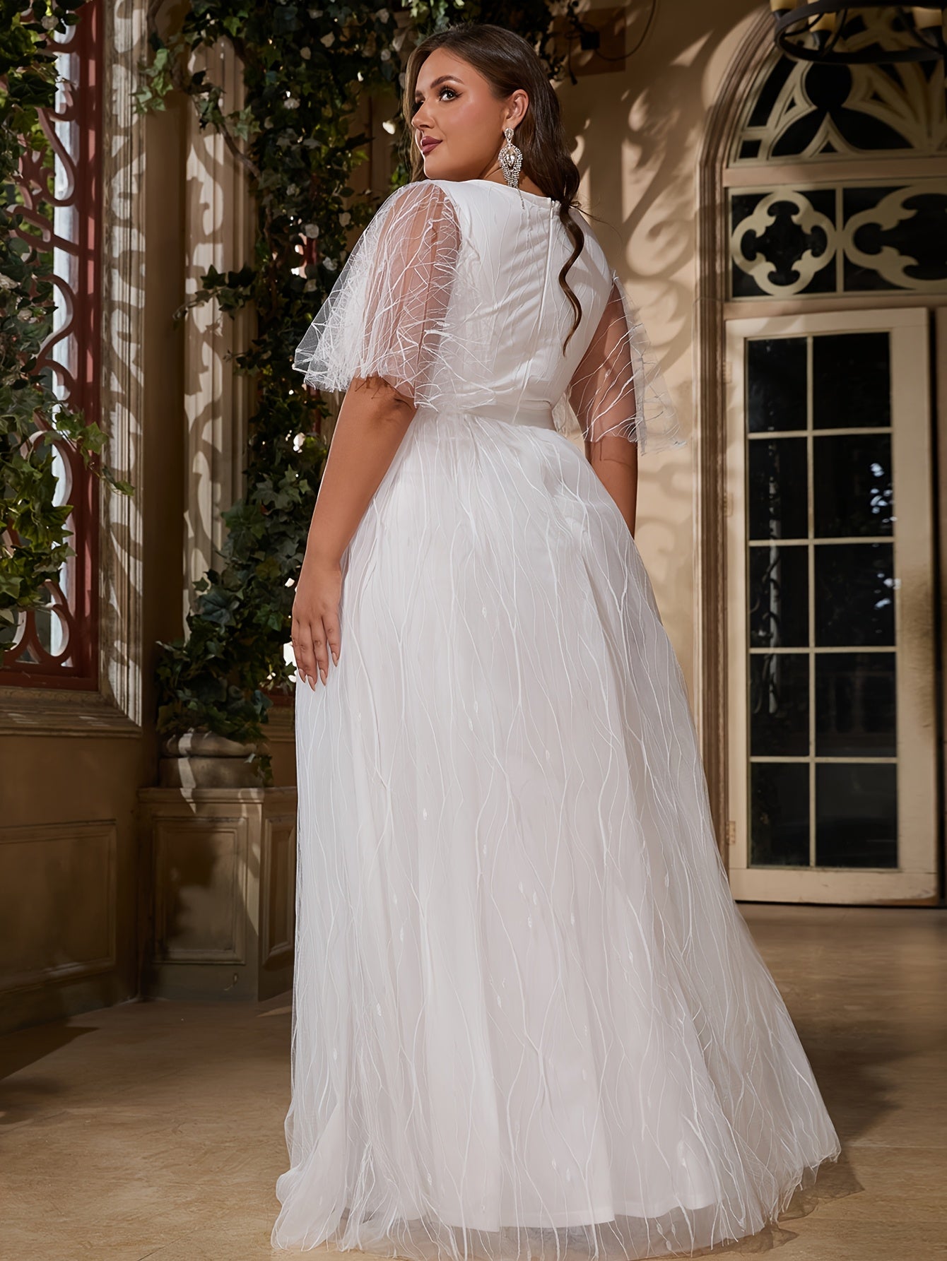 Plus Size Women's V-Neck Ruffle Sleeve Mesh Overlay Wedding Dress Maxi Skirt Formal Evening Wear