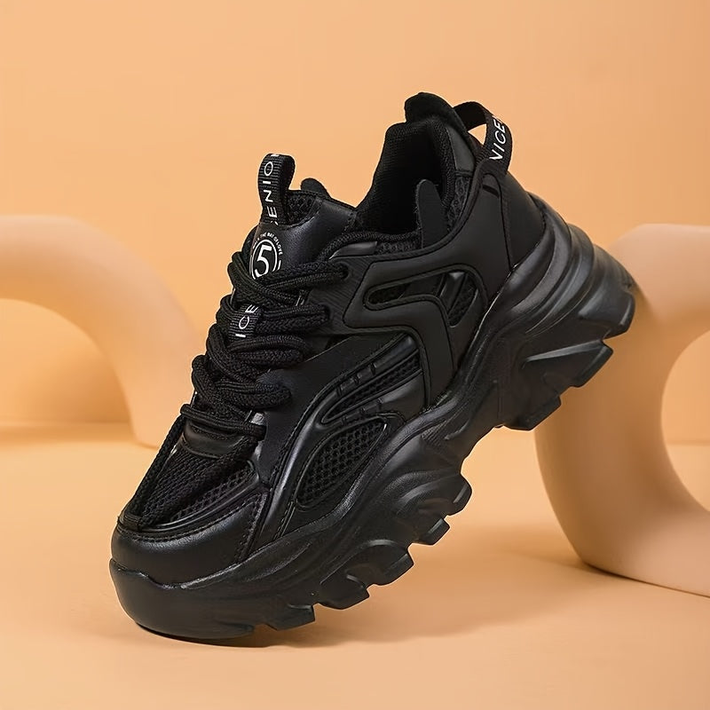 Ayollar uchun qora chunky sport poyabzali, nafas oladigan tarmoq, PVC, kundalik, pastki qism