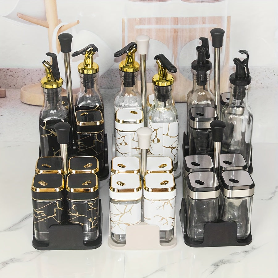Glass Oil and Vinegar Dispenser Set with Salt and Pepper Shakers and Marble Stand
