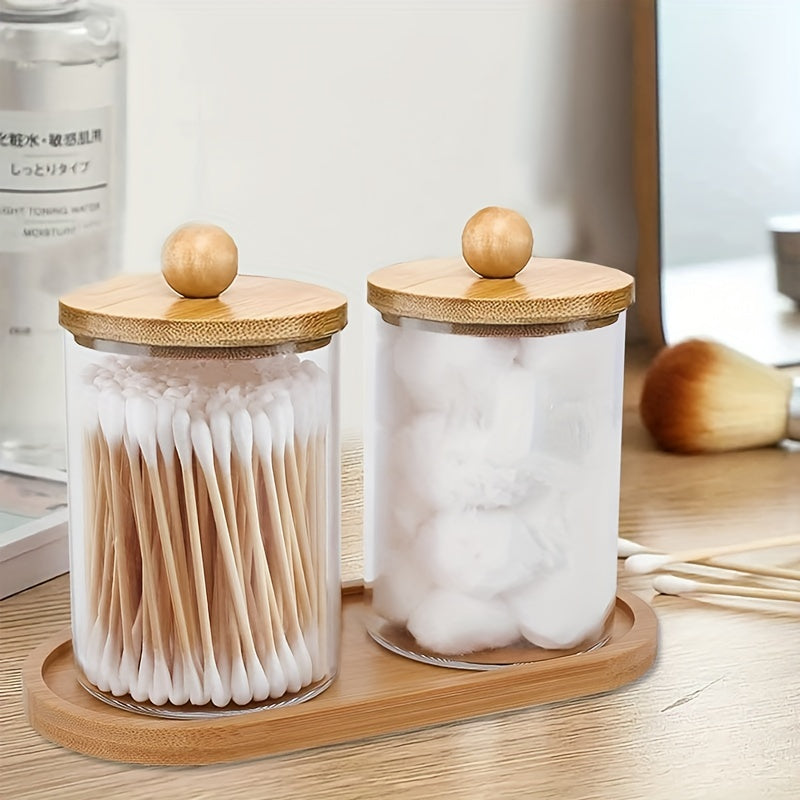 Bathroom Storage Organizer Set with Bamboo Lids and Tray for Cotton Swabs, Pads, and Floss