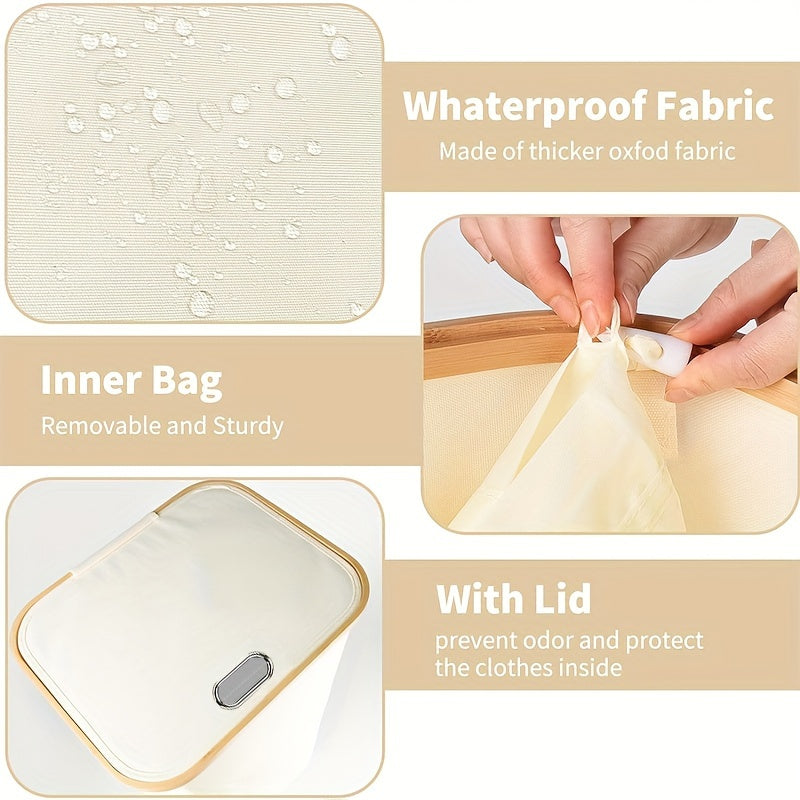 100L Tall Laundry Basket with Lid Bamboo Handles Waterproof Collapsible Storage Bin Cream White