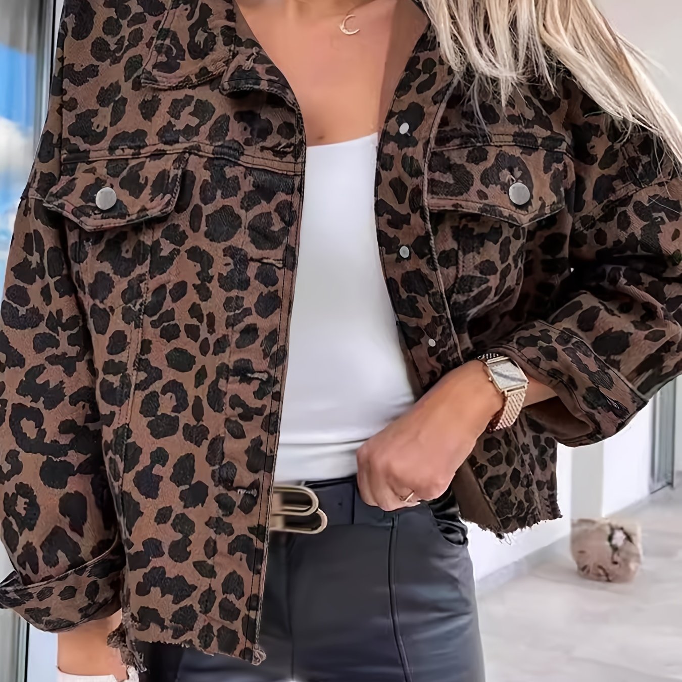 Women's Leopard Print Denim Jacket Long Sleeve Casual Spring Fall