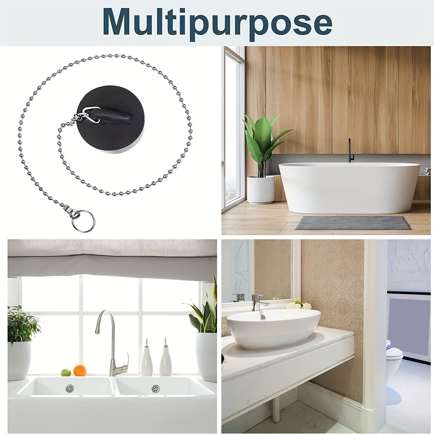 Zanjirli kauchuk hammom plagi, 4 sm diametr, o'rnatish va tozalash oson.