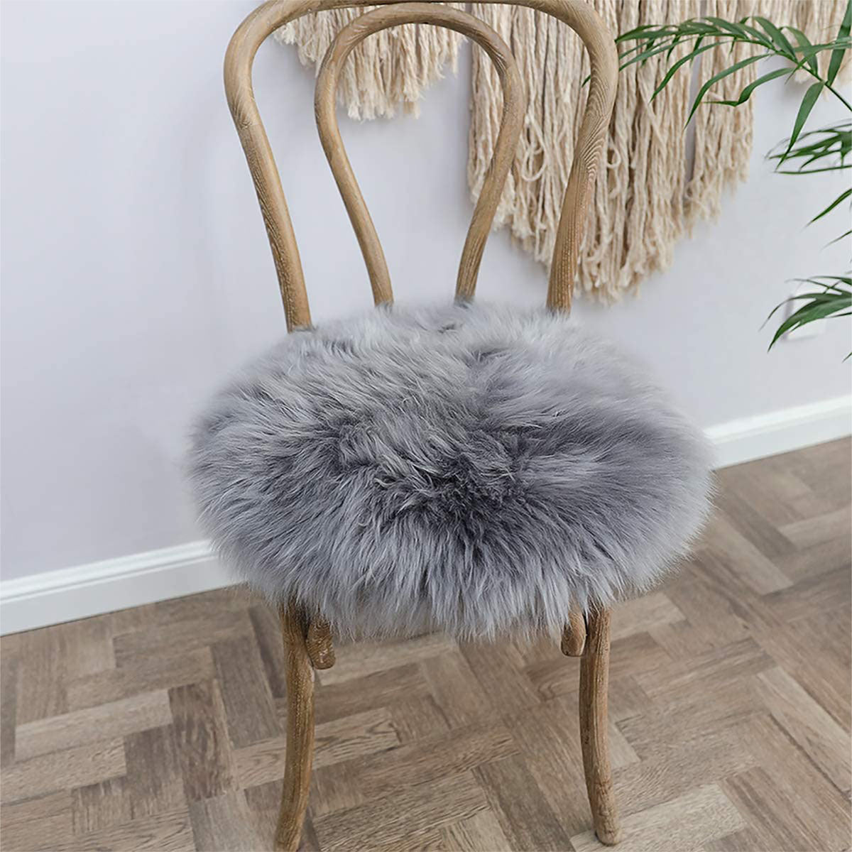 Grey Faux Fur Area Rug and Chair Pad Set, Cozy, 12-Inch Seat Cover